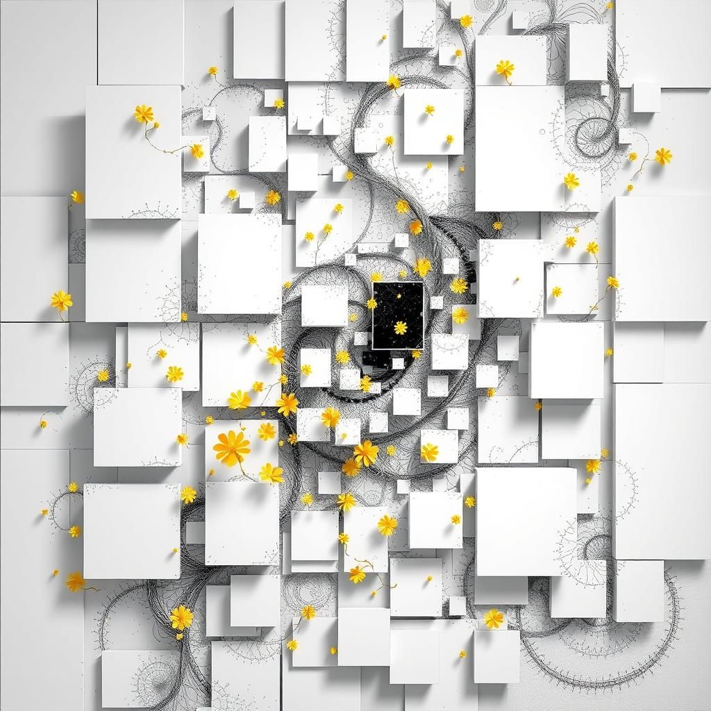 Abstract Fractal Canvas with Yellow Flowers in Zentangle Sty...