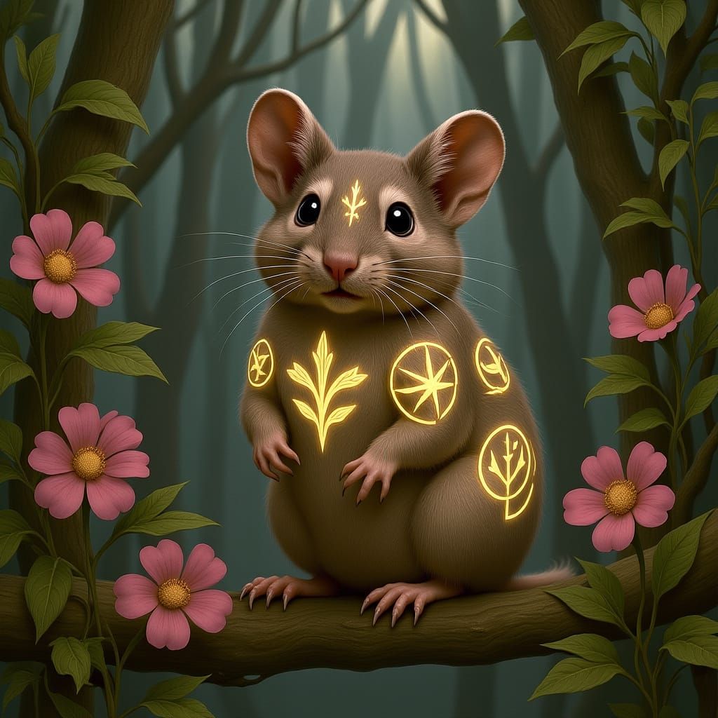 Glowing Glyphs Adorn Shy Mouse in Woodland Setting