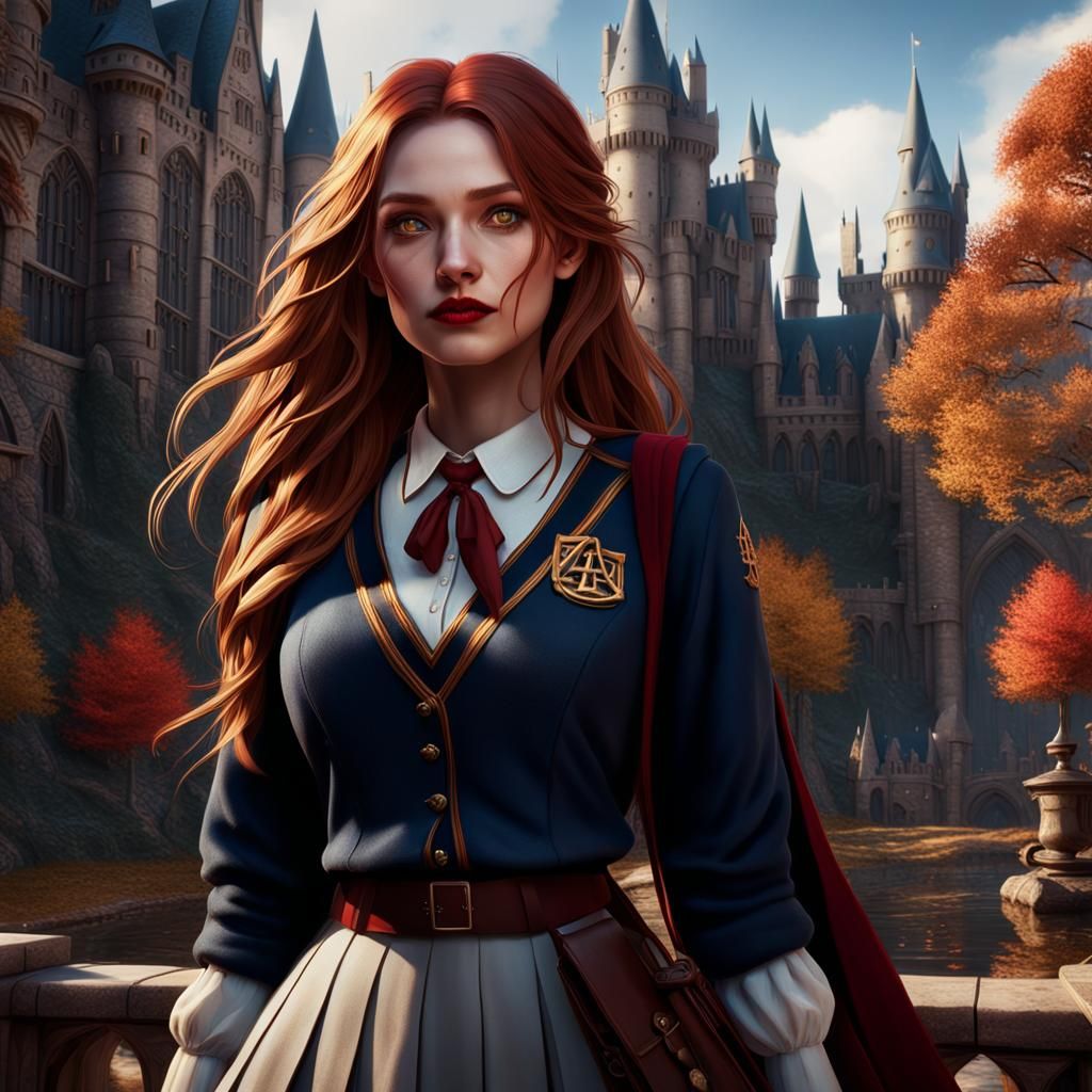 Hogwarts Castle Fall Scene with Auburn-Haired Student