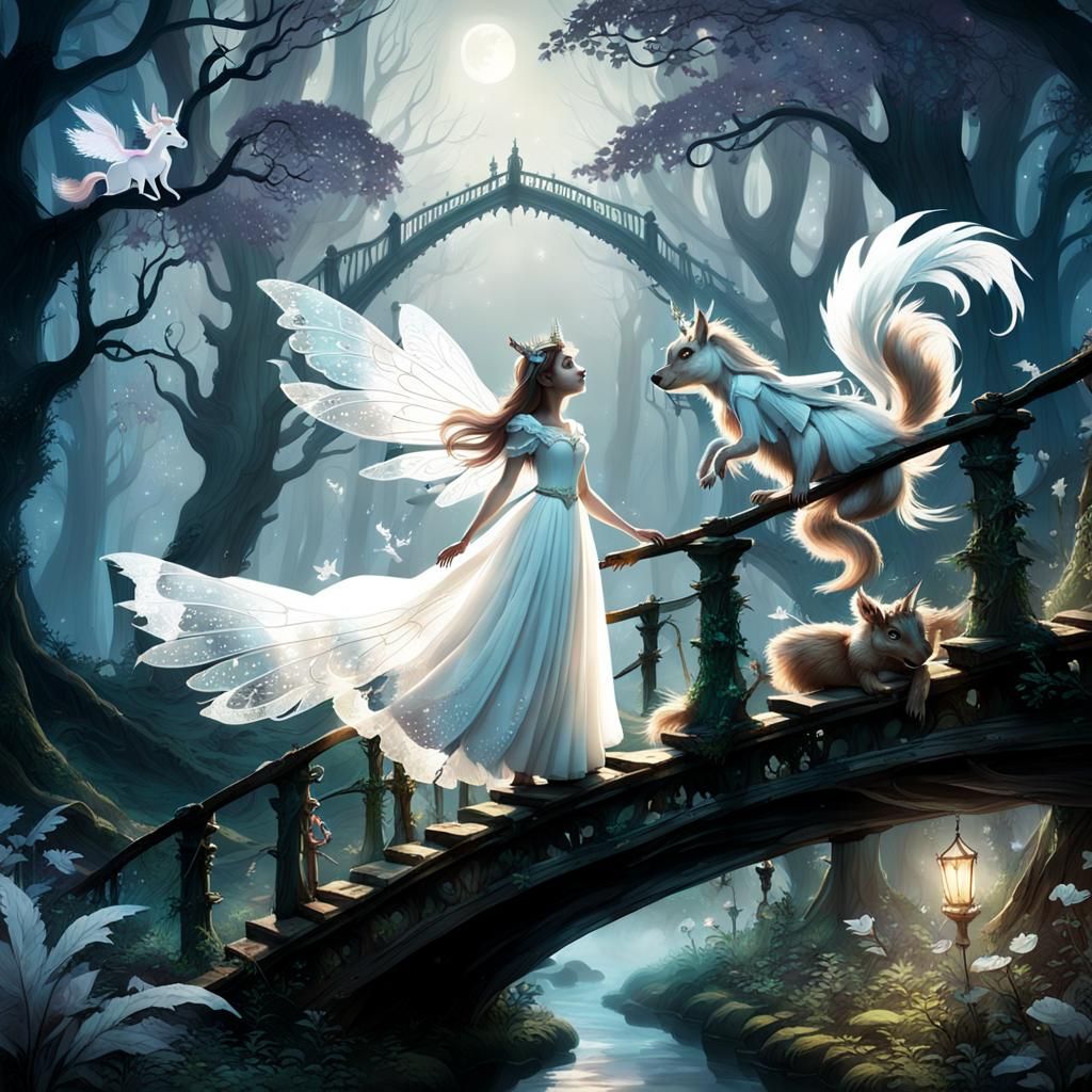Enchanted Forest: Girl, Fairy, and Unicorn Art Nouveau