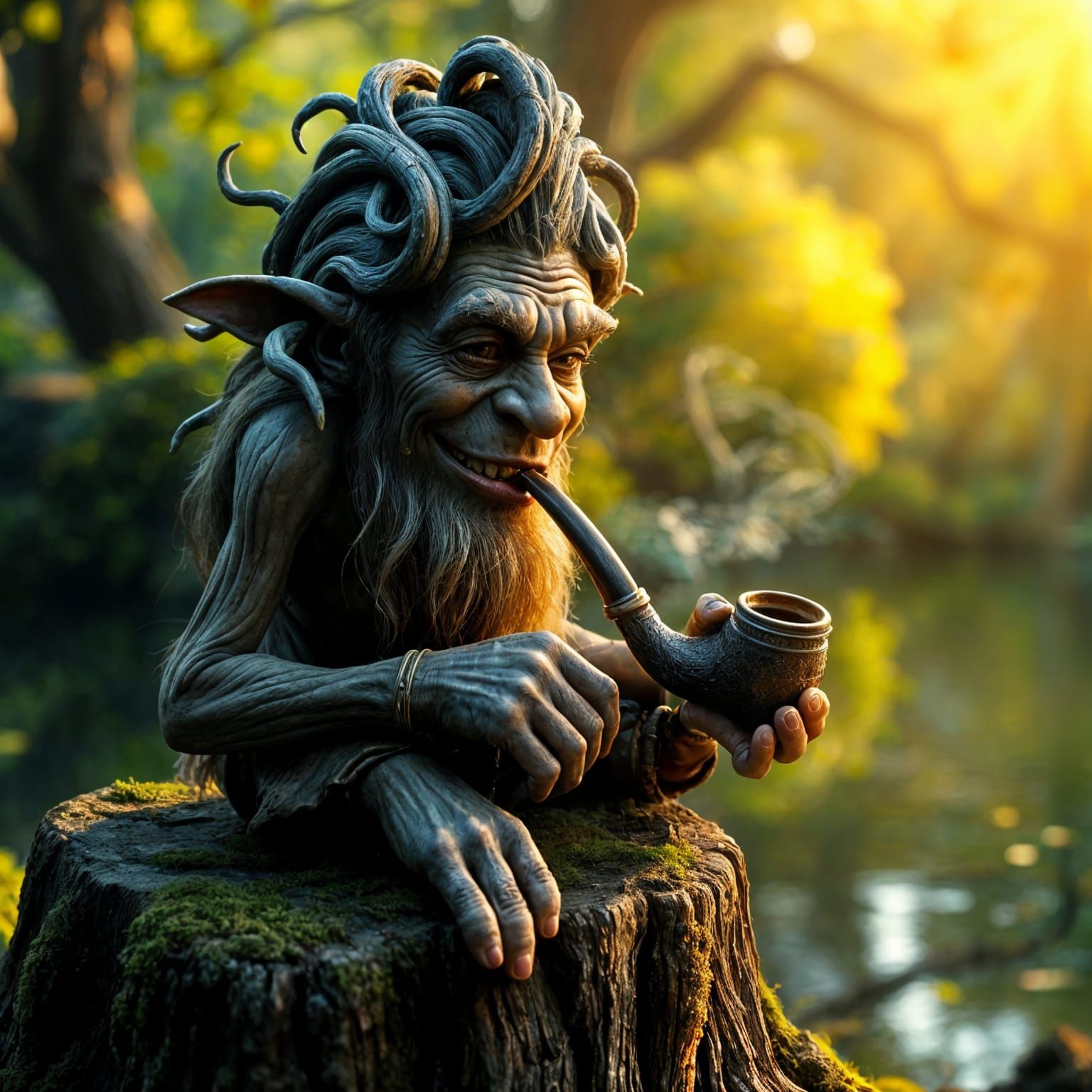 Ancient Goblin Wisdom in Serene Fantasy Landscape