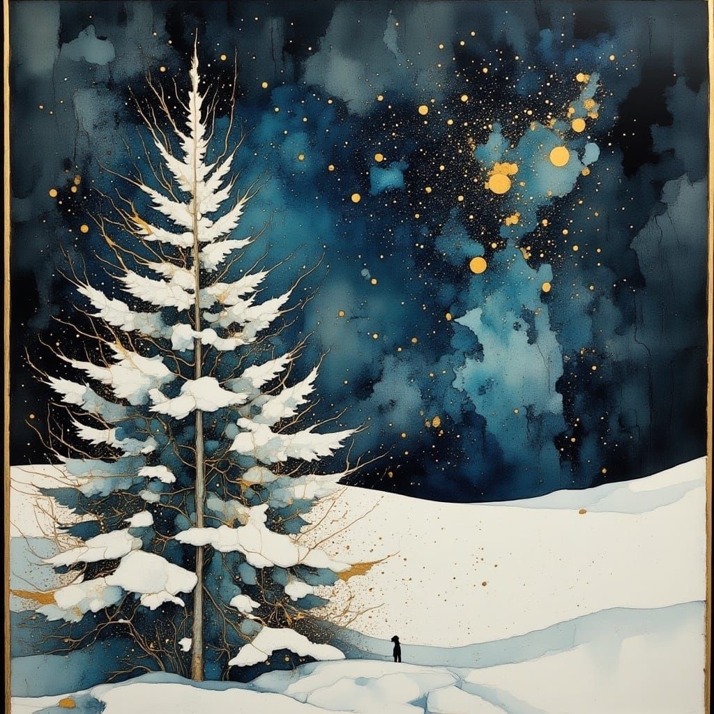 Starry Night Sky with Pine Boughs in a Pristine Oil Painting