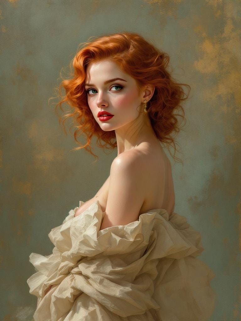 Redhead Pin-Up in Alphonse Mucha and Tonalism Style