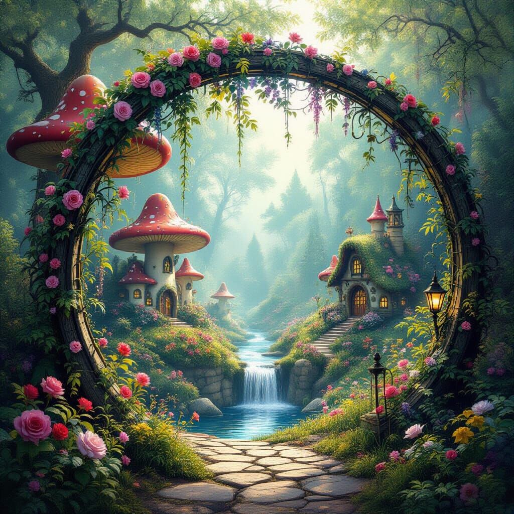 Magical Fairy World in Dew-Covered Spiderweb