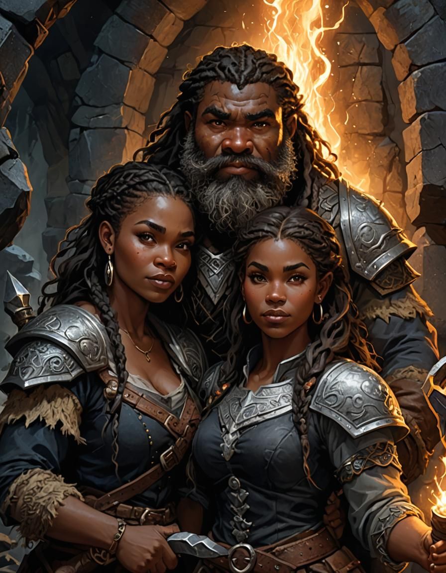 Afrocentric Fantasy Dwarf Miners' Loving Embrace