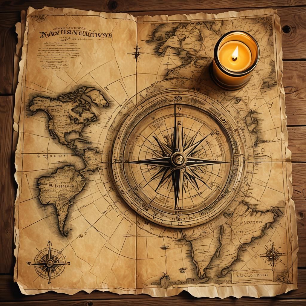 Vintage Nautical Map Illustration with Compass and Candle