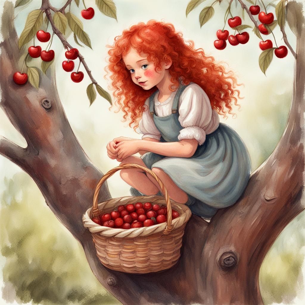 Girl Picking Cherries: Pastel Chalk Storybook Illustration