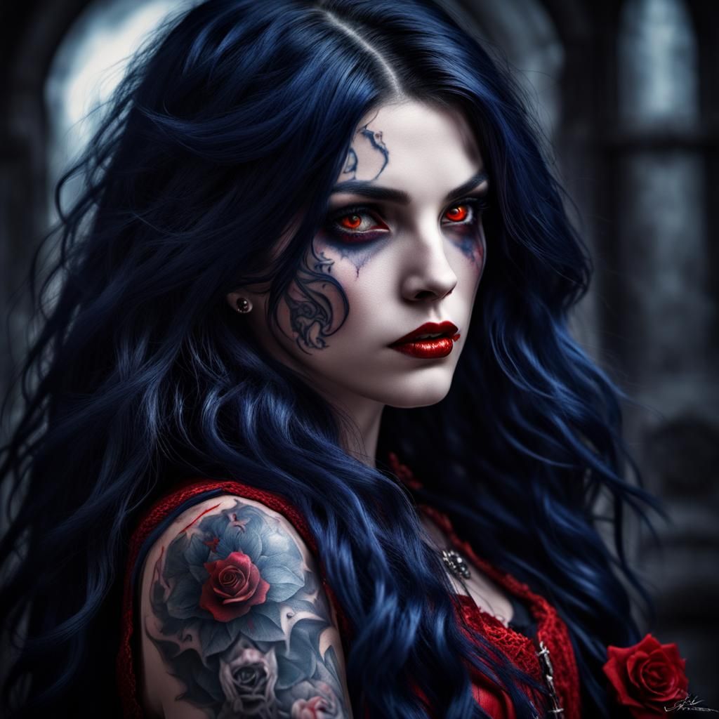 Hyperrealistic Vampire Huntress with Dark Blue Hair