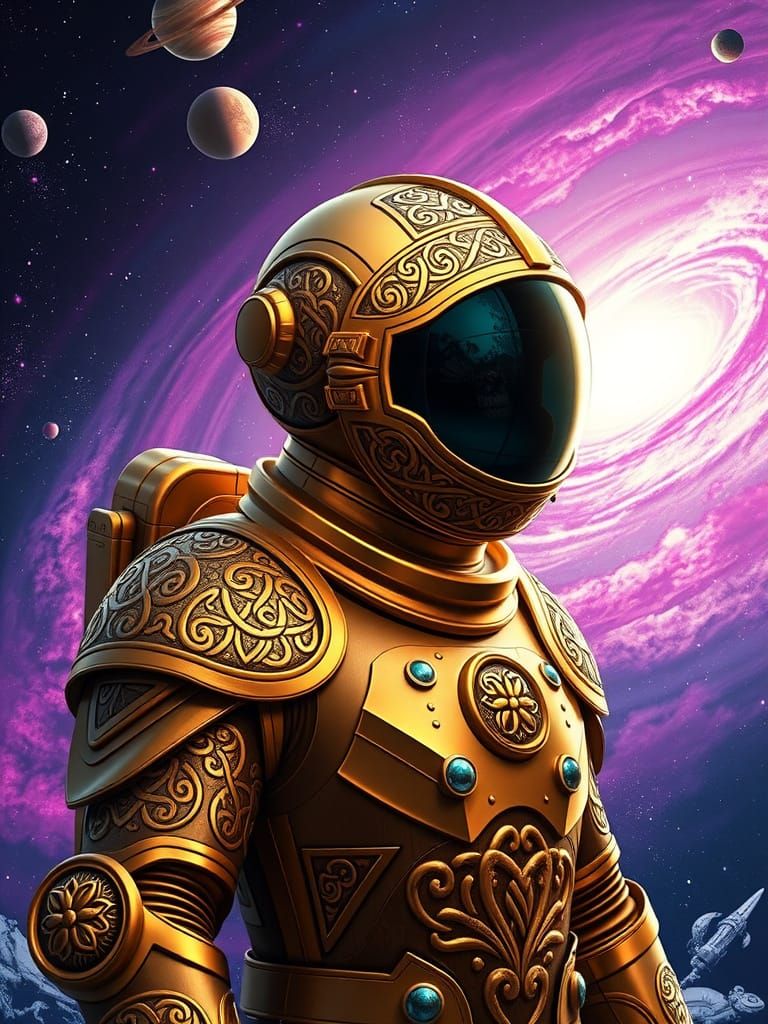 Golden Space Knight in Cosmic Nebulae