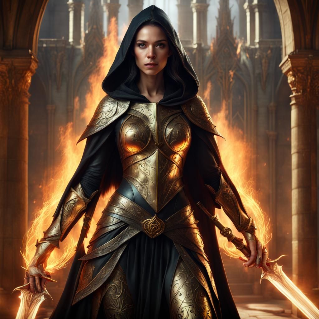 Elven Woman in Celestial Castle with Flaming Sword