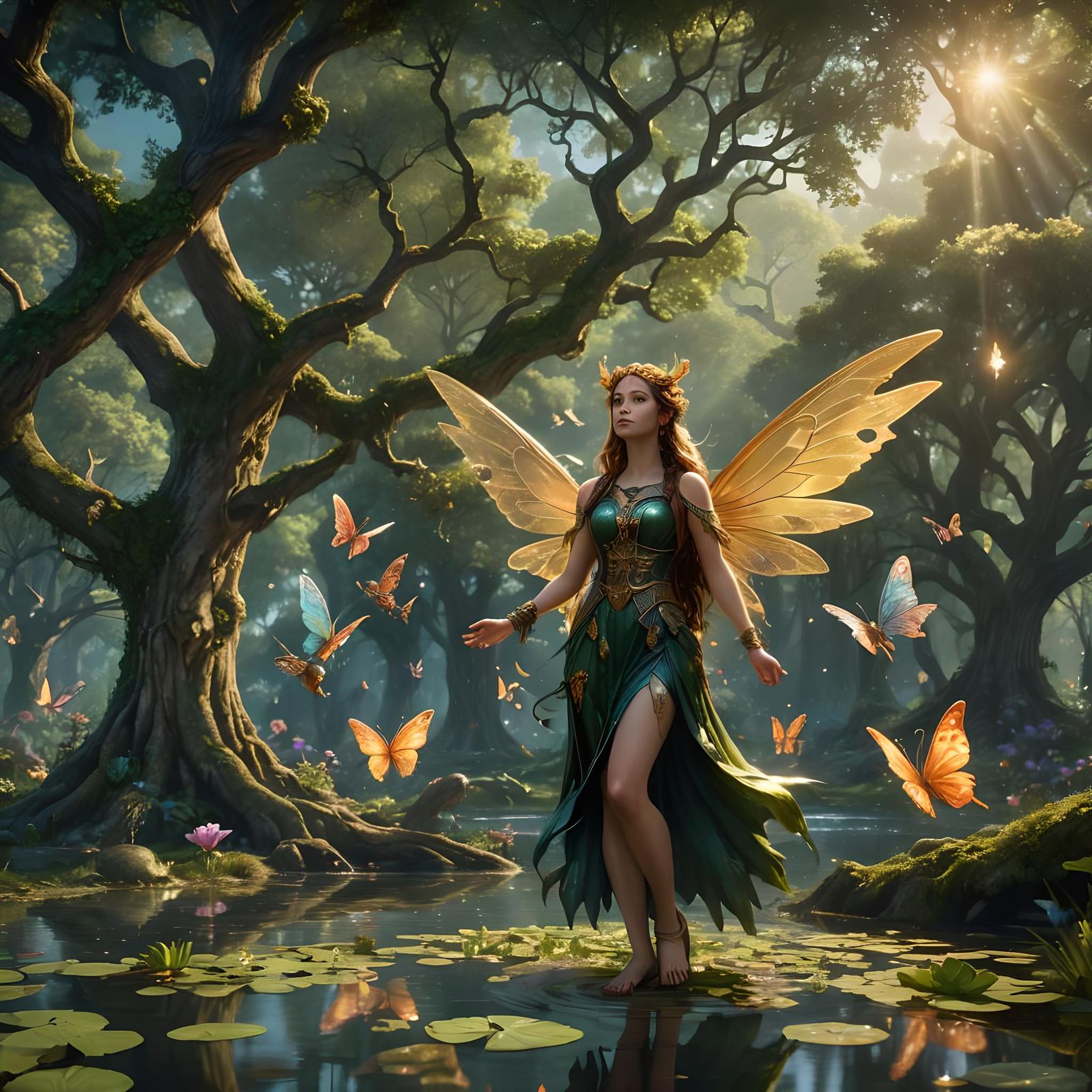 Goddess Blesses Fairies and Pixies in Forest Pond