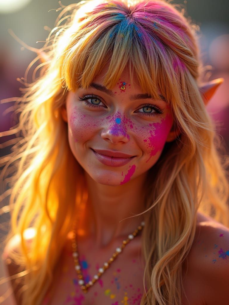 Vibrant Indian Elf Woman in Holi Festival Colors