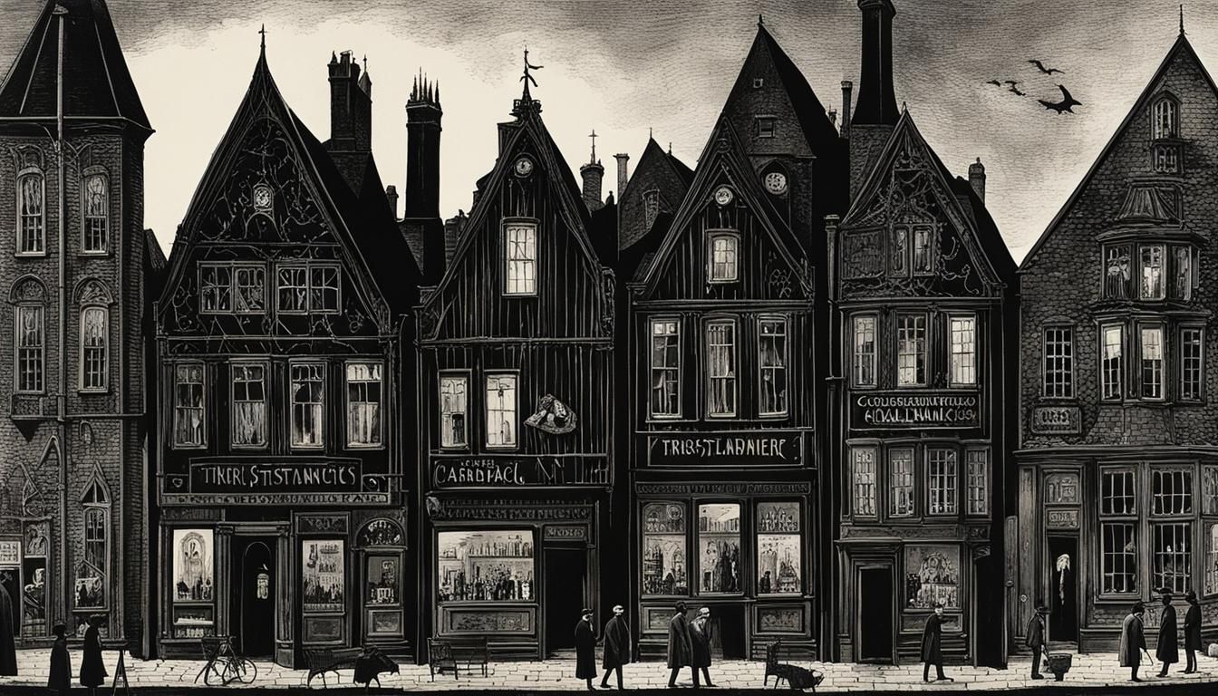 Mid-Century Gothic Town in Horror Film Style