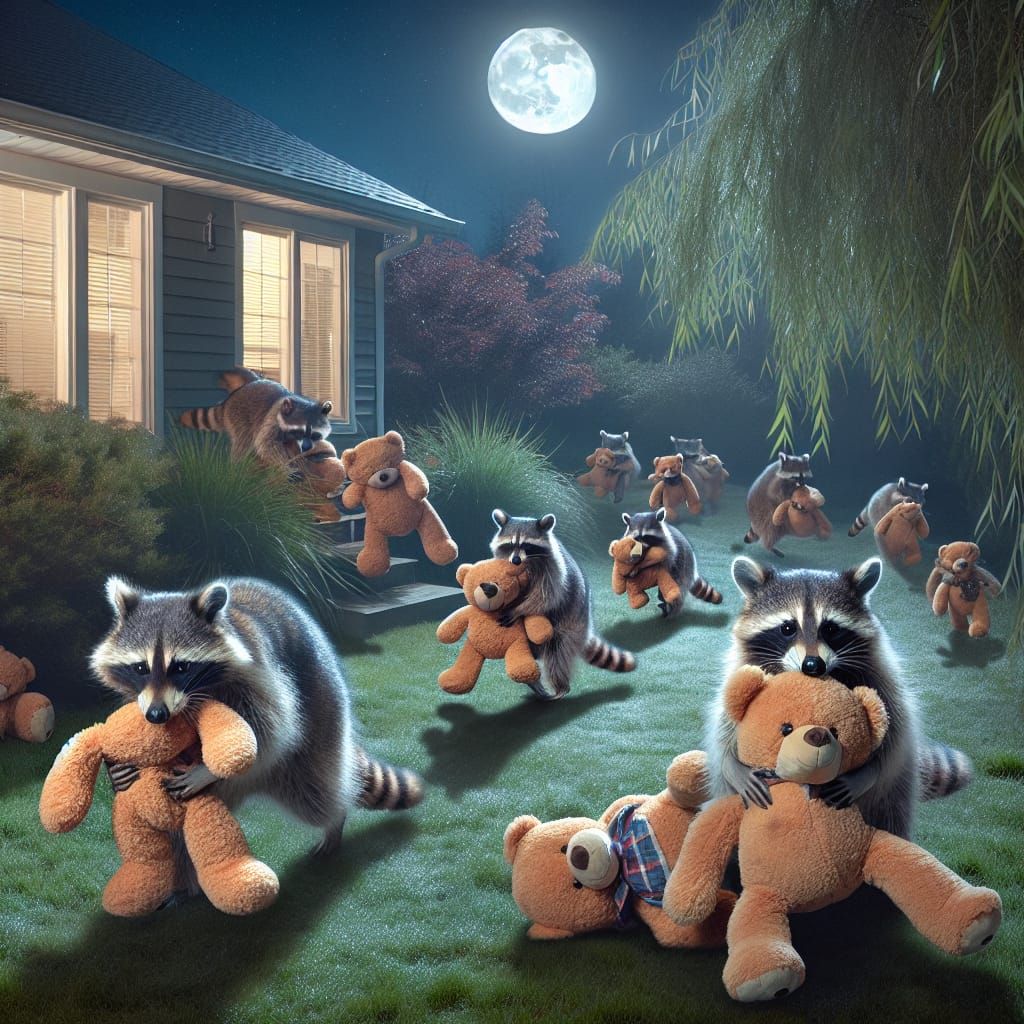 Raccoons' Mischievous Teddy Bear Heist on Moonlit Lawn