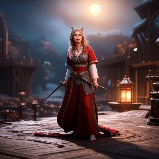 Sorceress and Cat in Cinematic 3D Game Scene