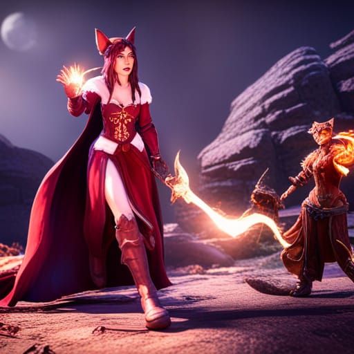 Sorceress and Cat in 3D Game Cinematic Style