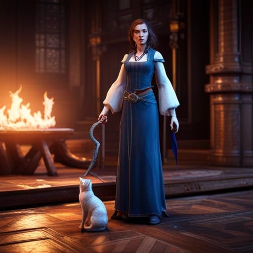 Sorceress and Cat in Detailed 3D Render