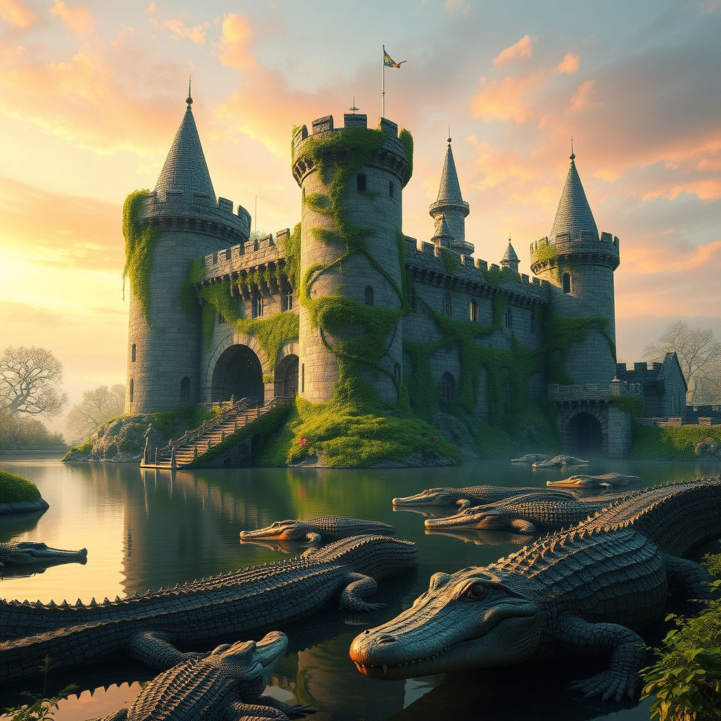 Moss-Covered Castle with Crocodiles in Fantasy Concept Art