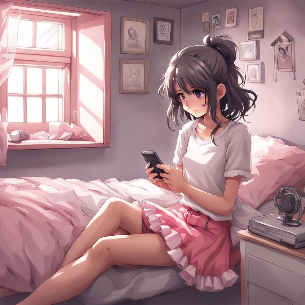 Pakistani Girl Texting in Attic Bedroom in Anime Style