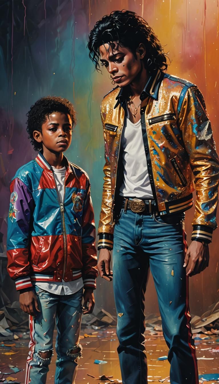 Michael Jackson standing next to a sad boy