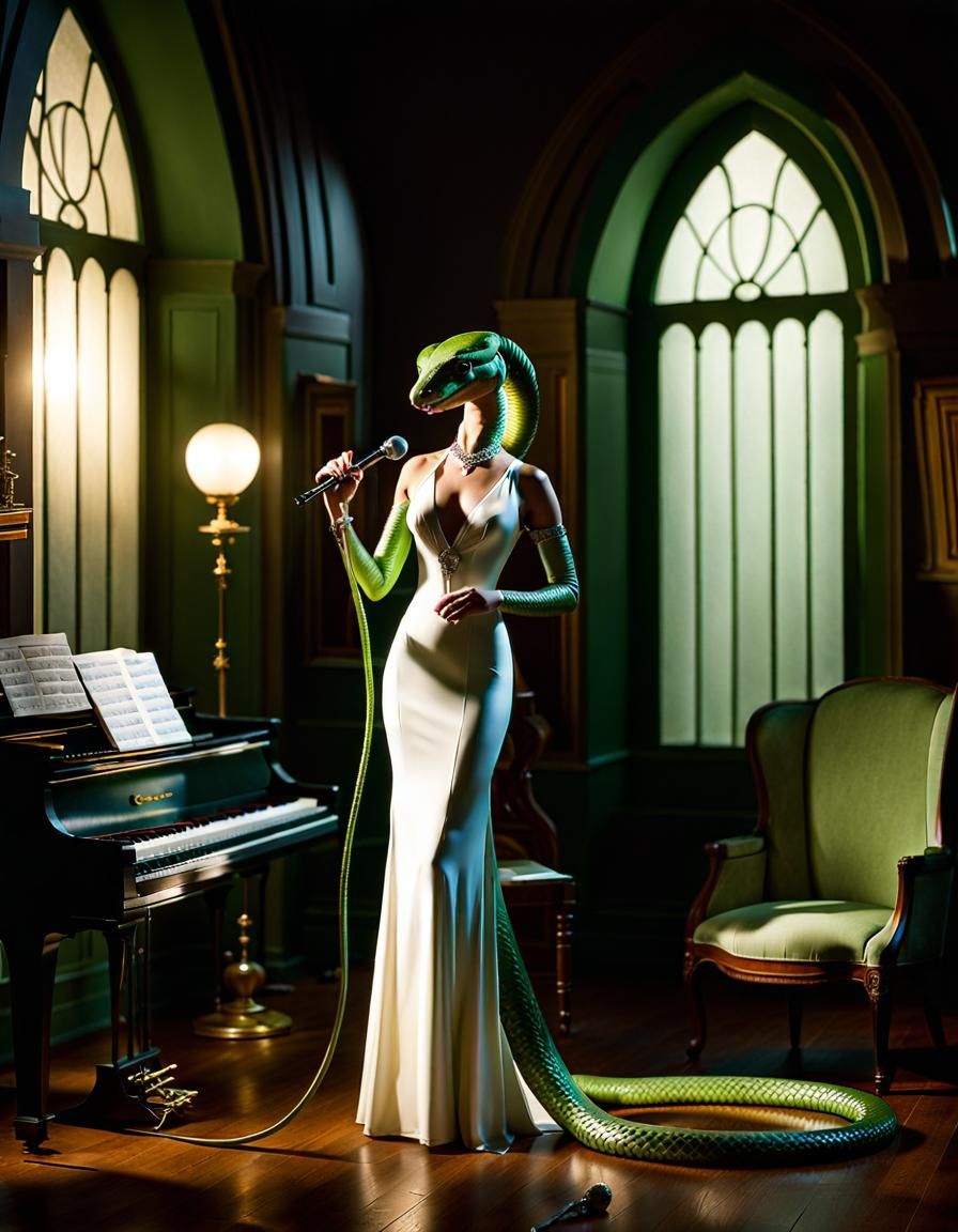 Anthropomorphic Green Tree Snake in Music Room