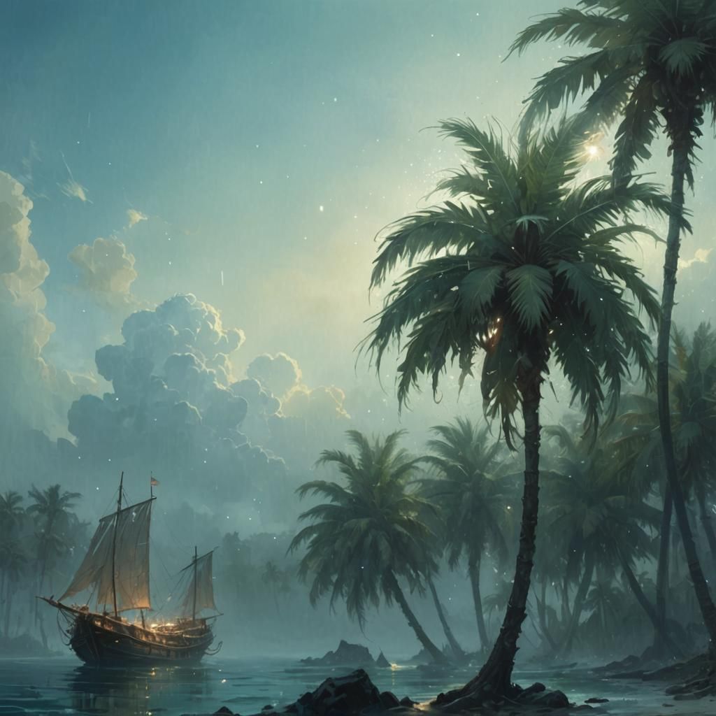 Magical Palm Tree and Ship Fantasy Art