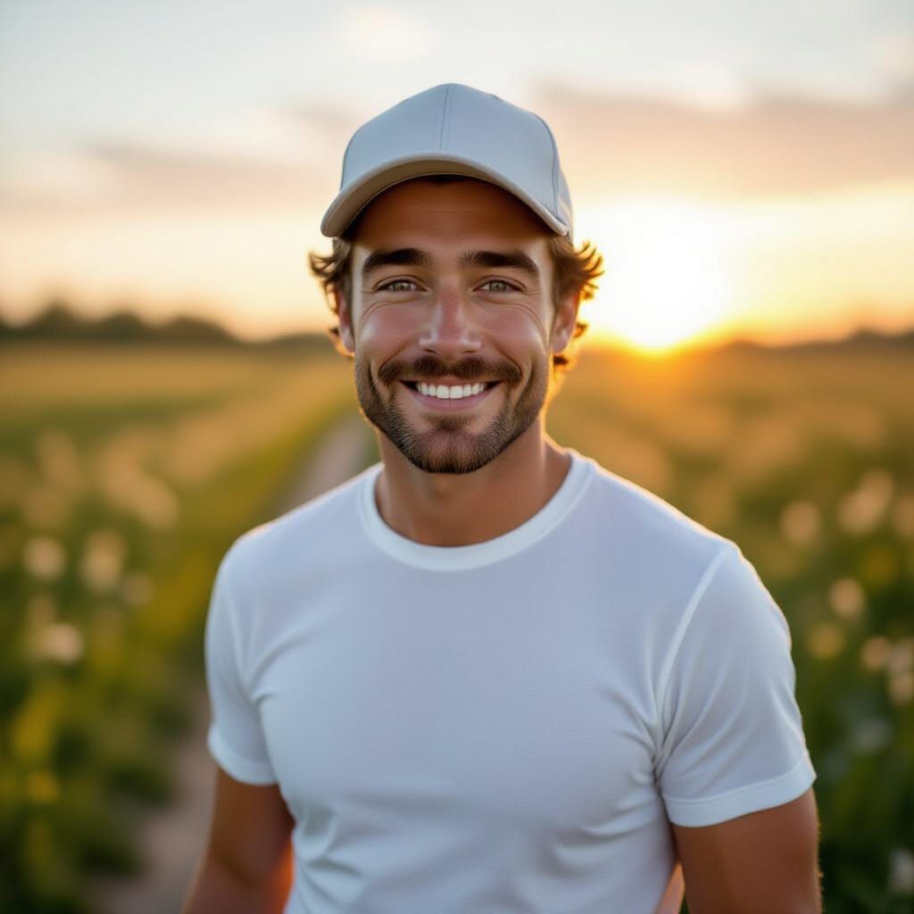 Athletic Man with Tattoo in Spring Meadow at Sunrise