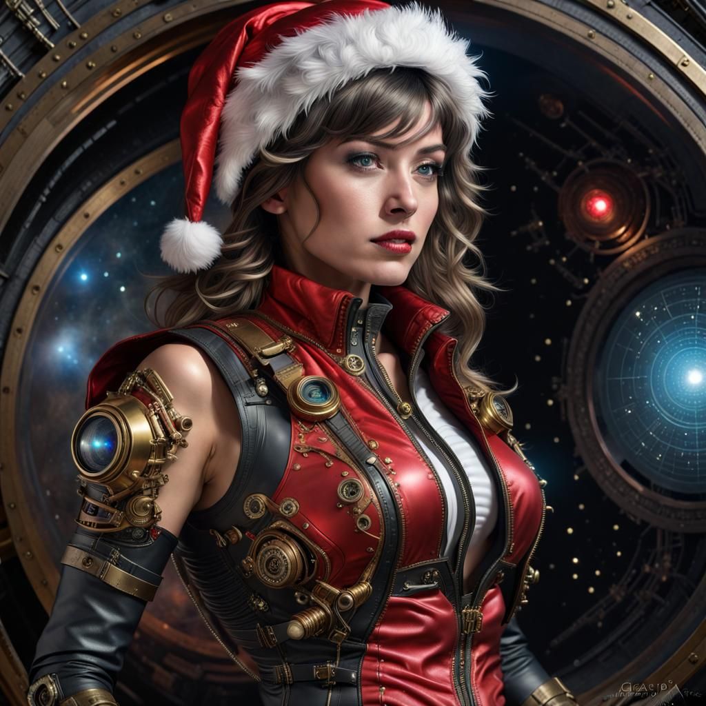 Steampunk Spacewoman in Outer Space with Lasers