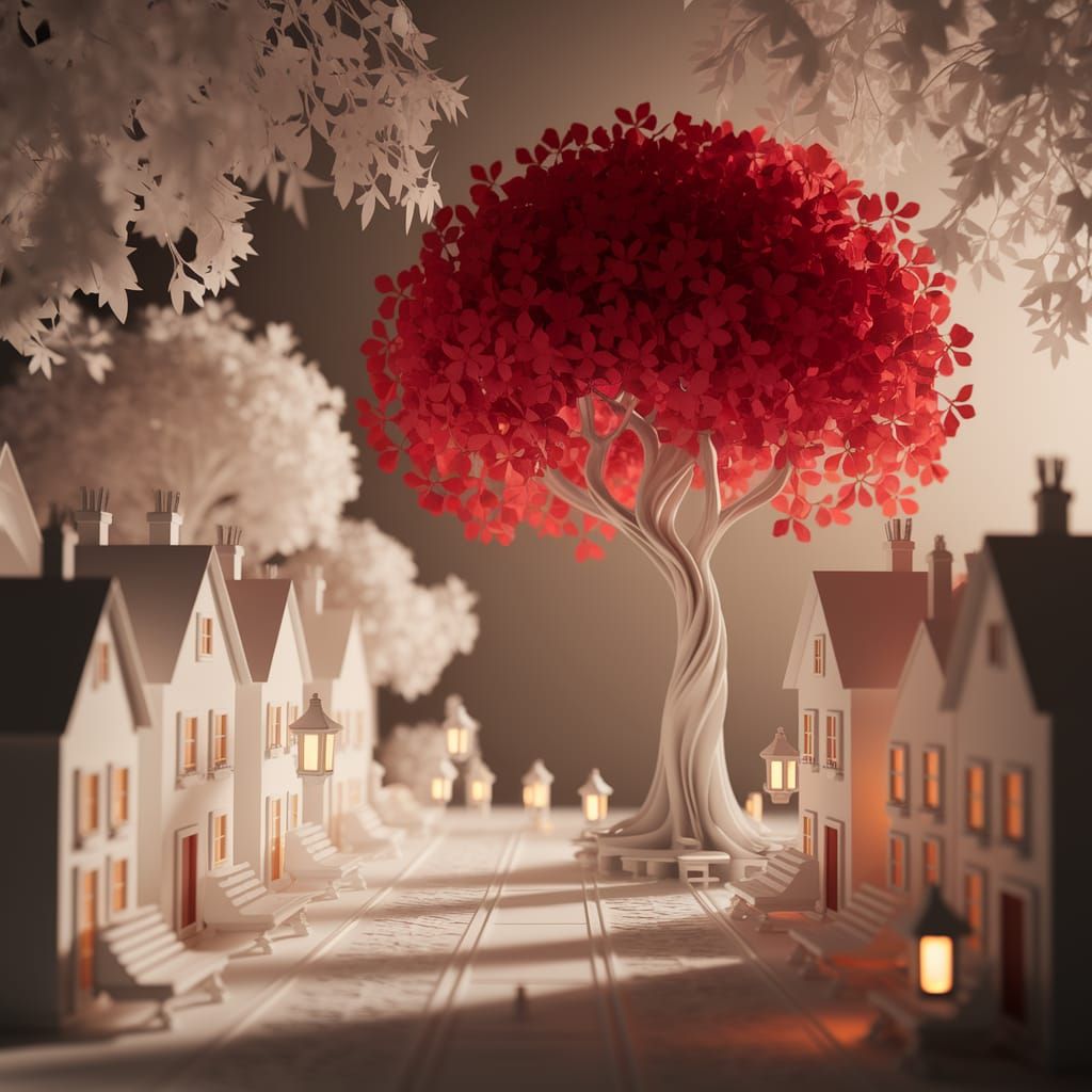 Whimsical Paper City Square with Scarlet Blossom Tree