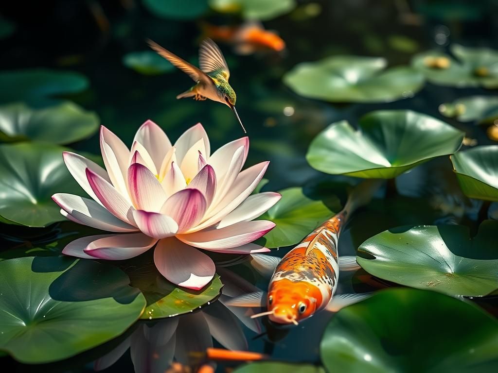 Hummingbird and Koi in Lotus Pond