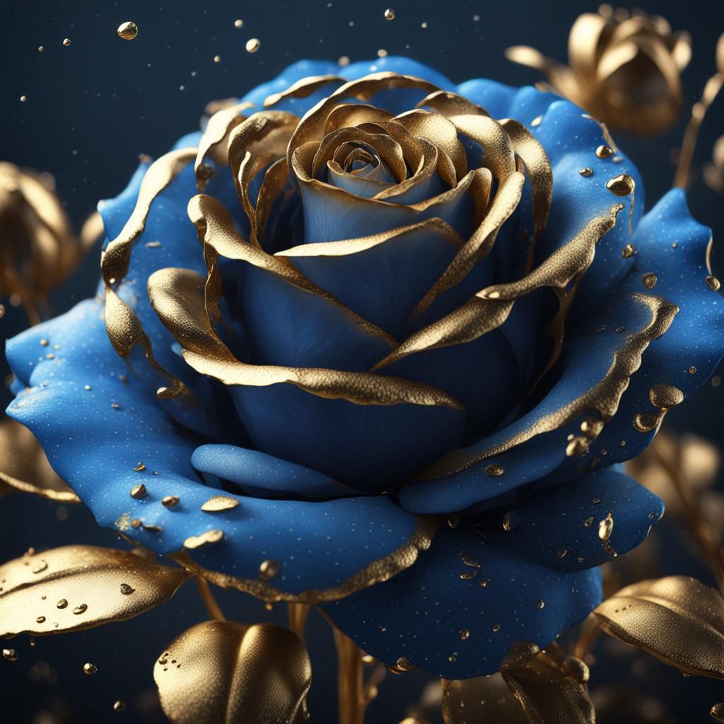 Velvety Blue Rose with Golden Drop: Digital Art