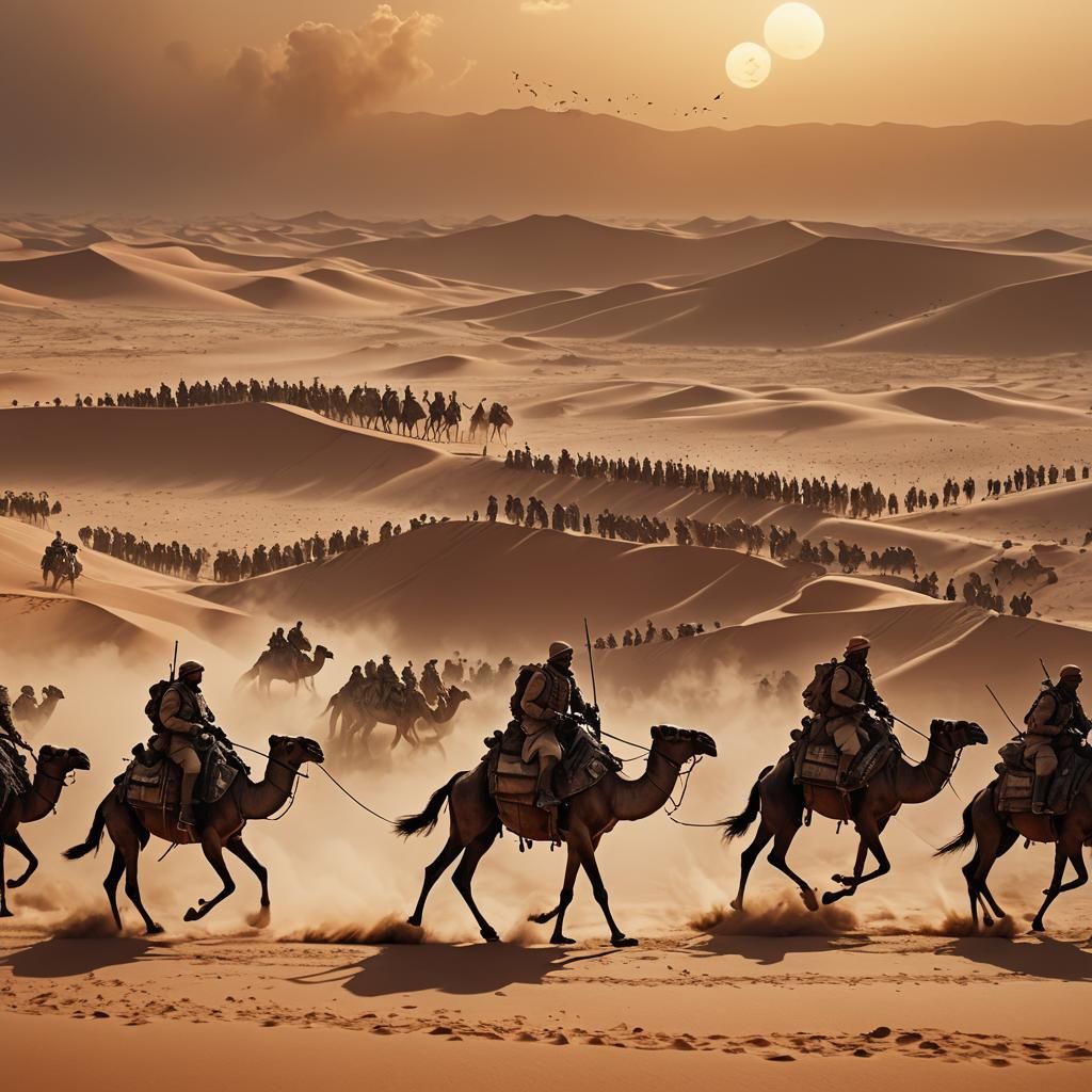 Moroccan Camels Charge into Sahara Sandstorm: Fantasy Art