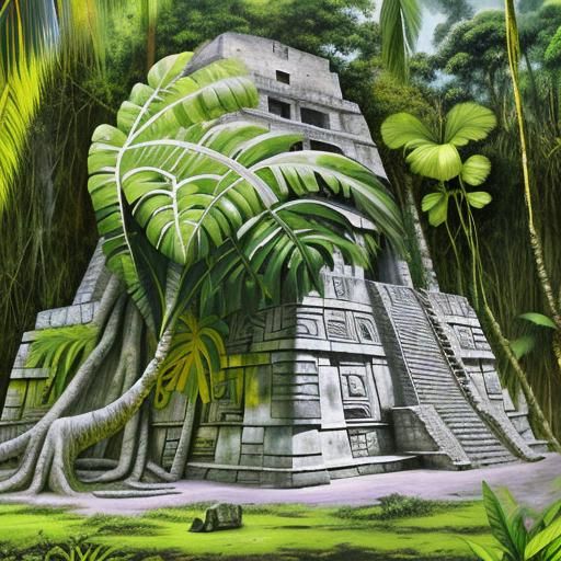 Mayan Temple in Jungle: Oil Painting Style