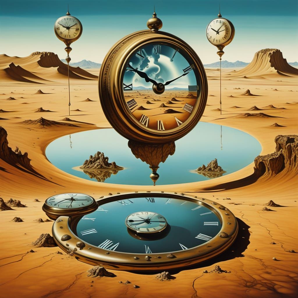 Surreal Desert Dreamscape with Melting Clocks and Reflection...