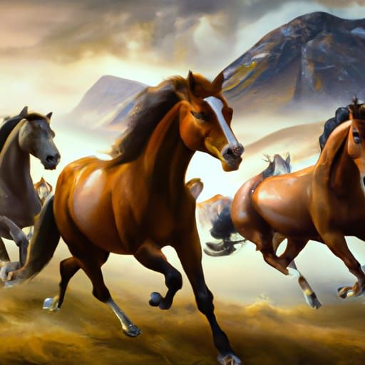 Wild Mustangs Galloping Through Foggy Fields