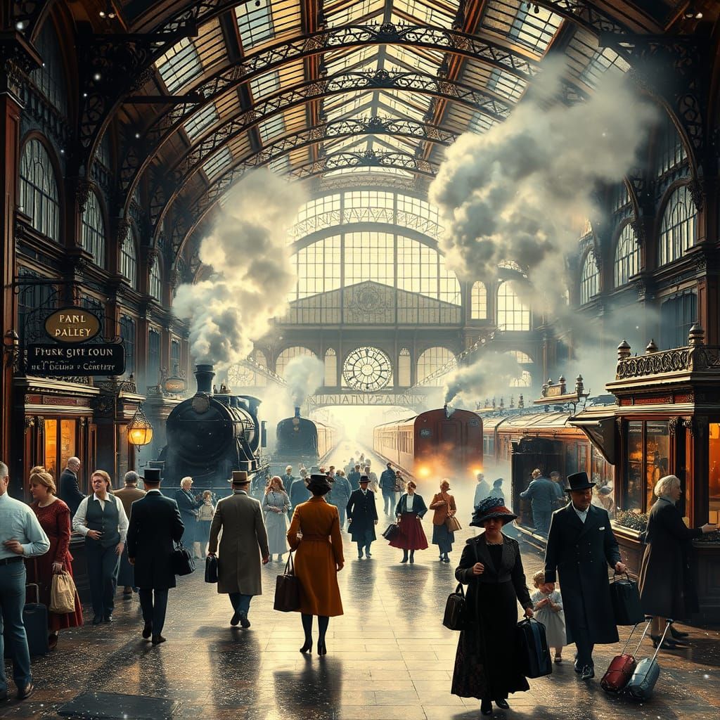 Victorian Era Victoria Station Scene in Tenebrism Style