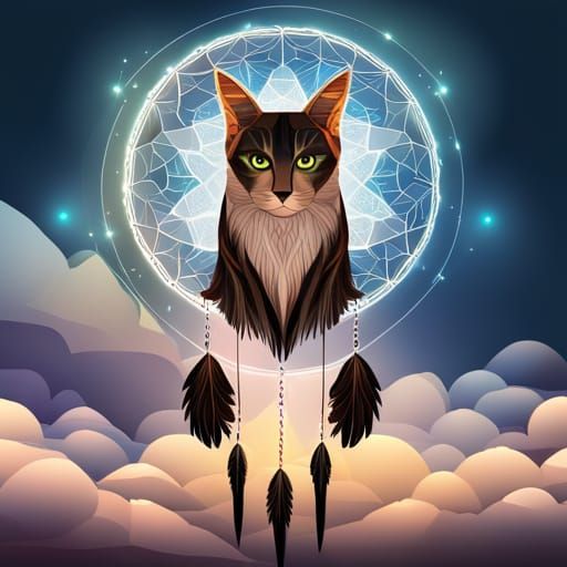 Dreamcatcher Cat in Starry Sky with Fractal Elements