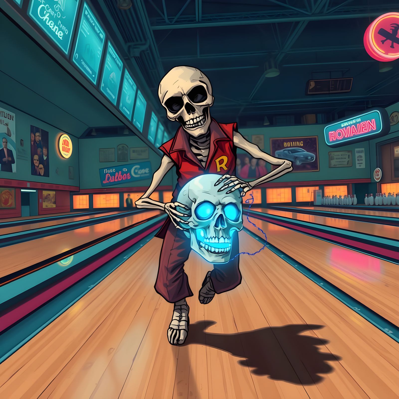 Skeleton Bowls Human Head Down Bowling Alley