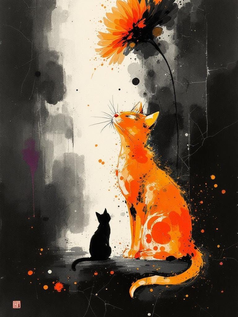 Cat Under Flower in Sumi-e Style