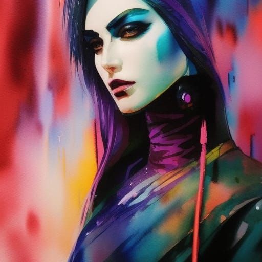 Cyberpunk Model Portrait in Watercolor Manga Style