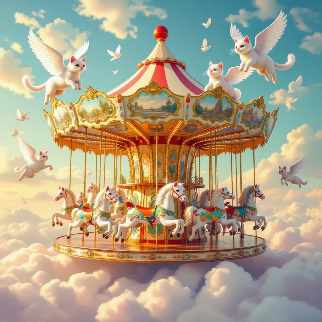 Winged Cats Ride Magical Carousel in Dreamy Sky