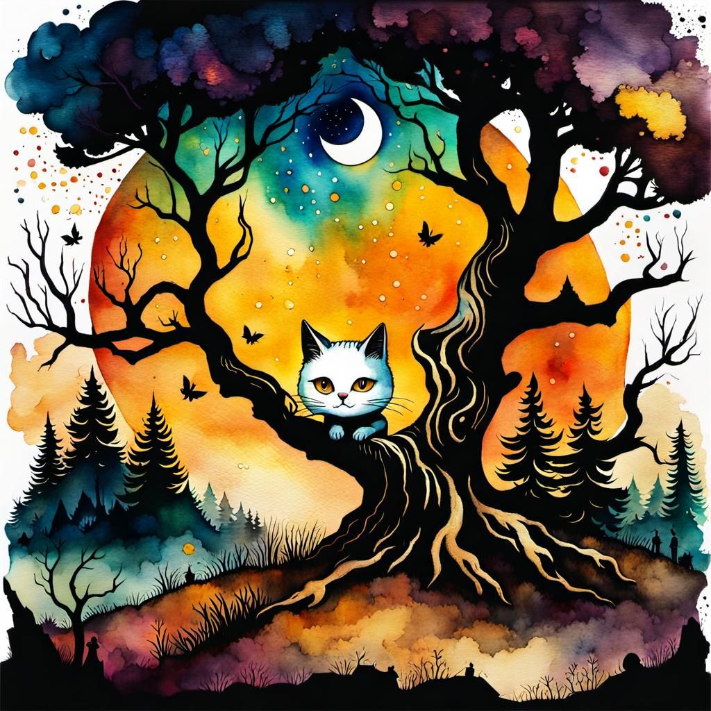 Big Headed Cat in Melancholic Watercolor Style