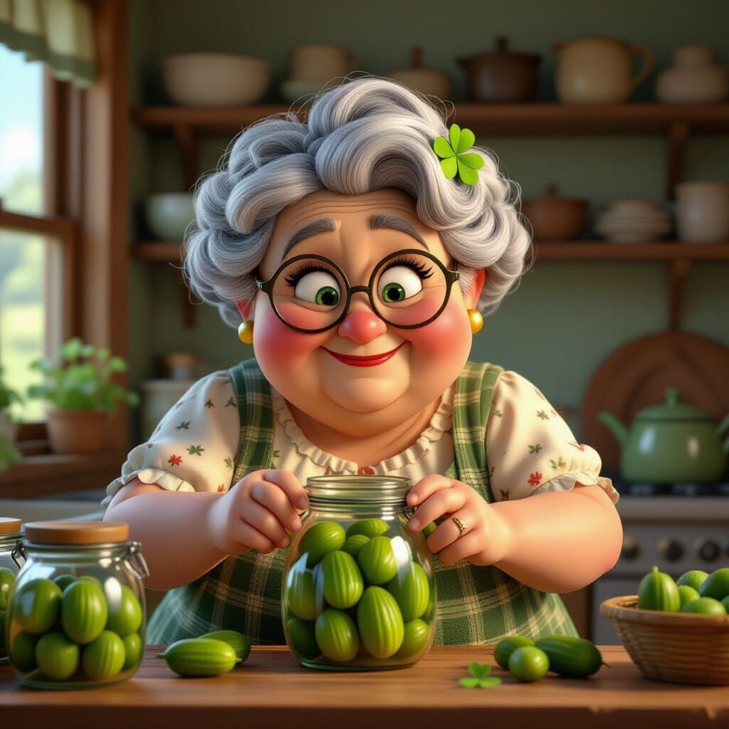 Grandma Fills Gherkin Jars in Cheerful Kitchen