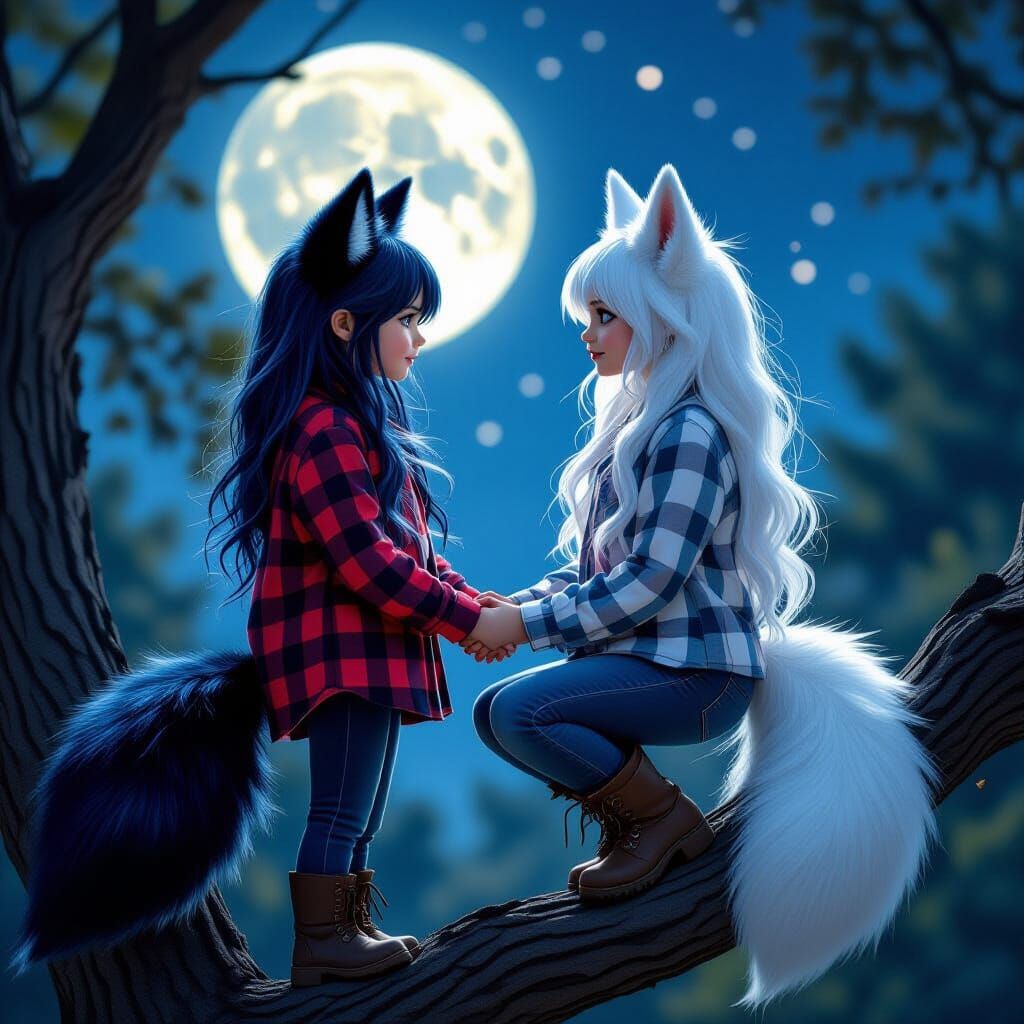 Two Girls in Moonlit Tree with Animal Features