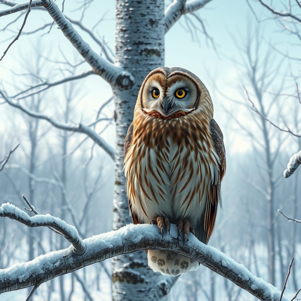 Winter Oak Owl Majesty in Frosty Silence