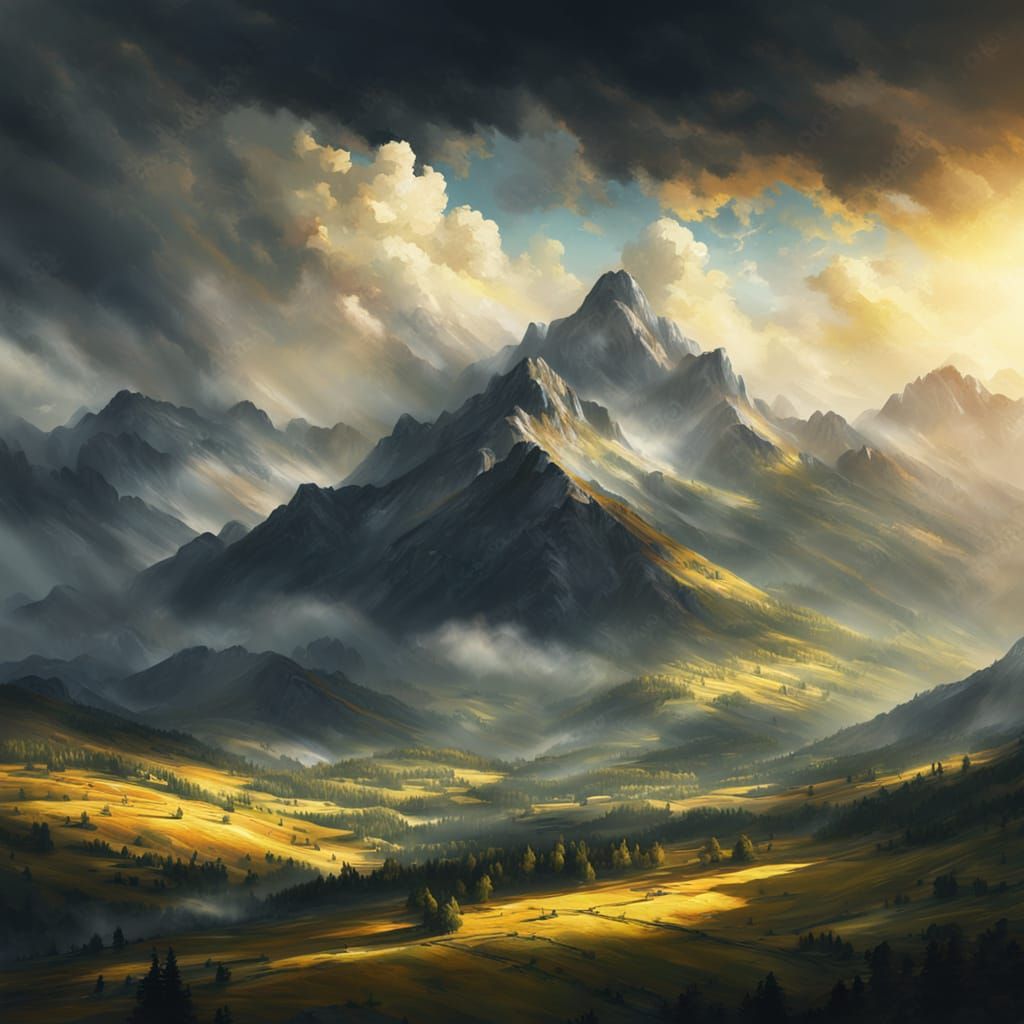 Golden Sunlight Breaks Through Clouds in Oil Painting