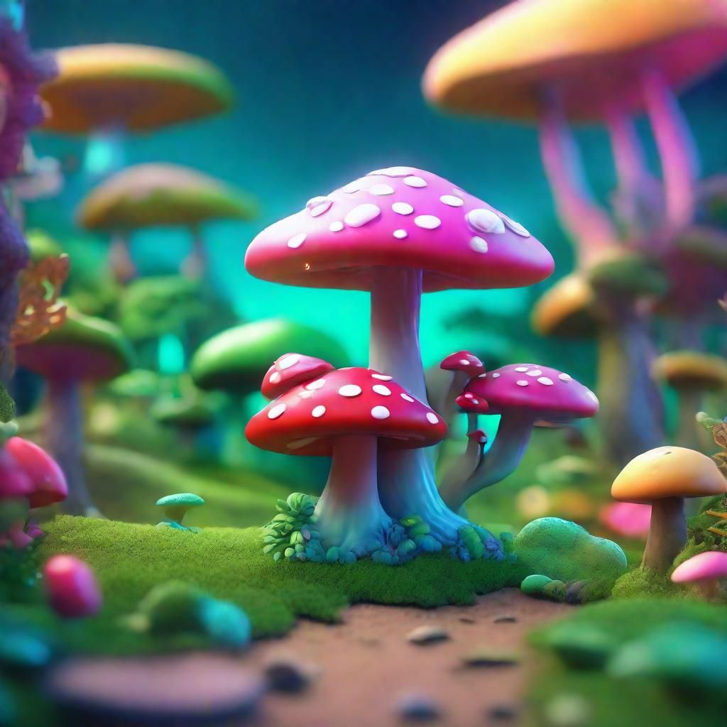 Chibi Creature in Surreal 3D Cartoon Landscape