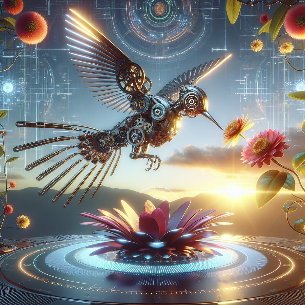 Cyborg Hummingbird with Robotic Flower in Cyberverse