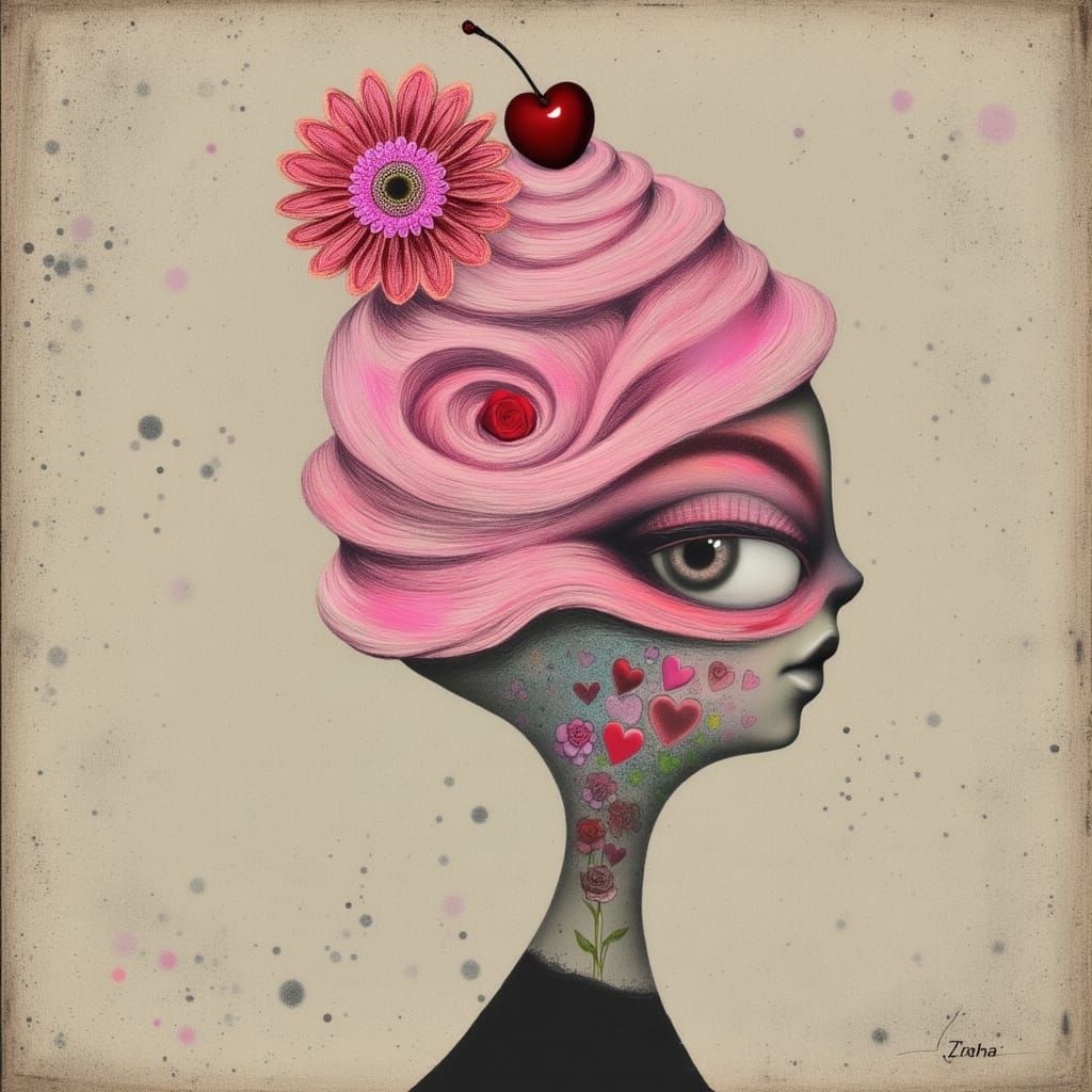 Abstract Woman with Pink Meringue Hair and Cherry