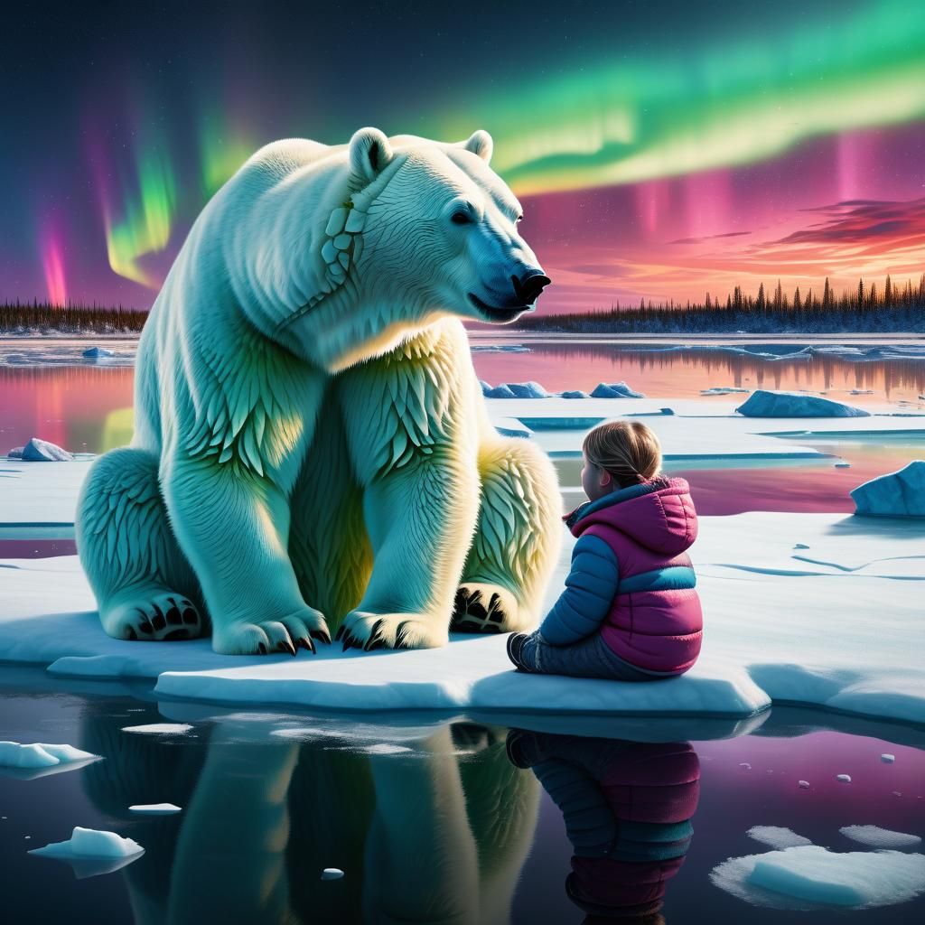Girl and Polar Bear on Frozen Lake